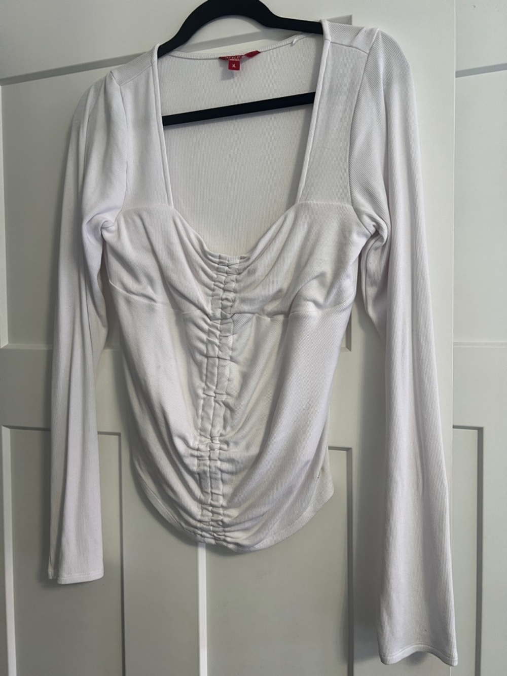 Guess White Long Sleeve Ruched Square Neck Top